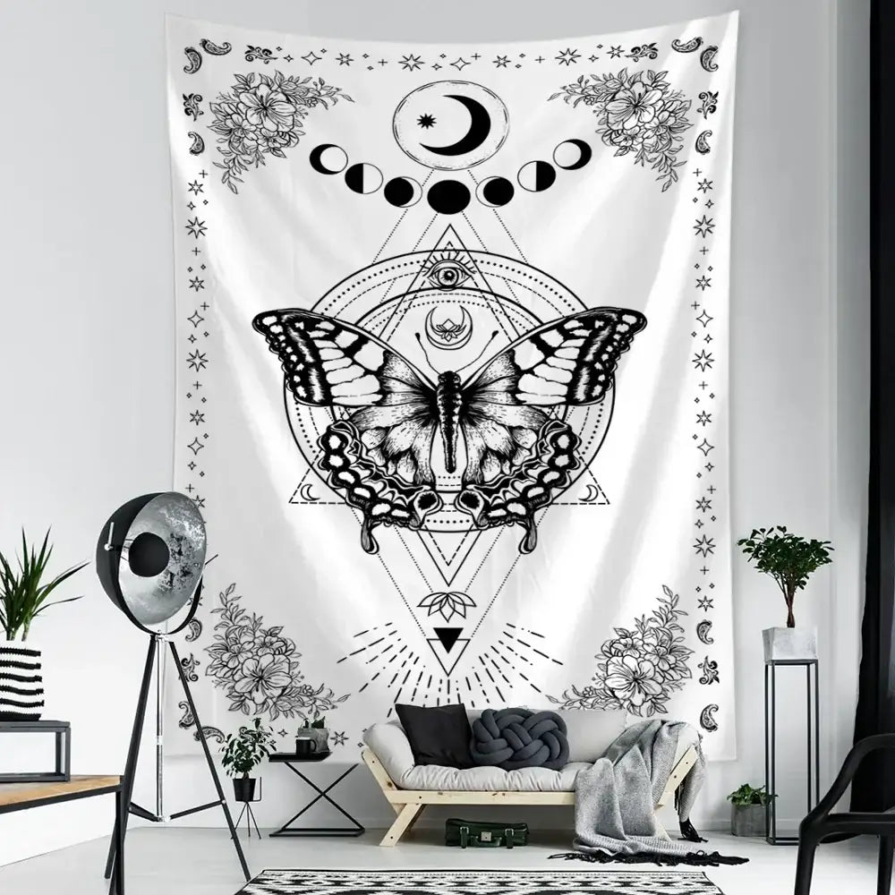 Boho black and white geometric butterfly tapestry wall hanging featuring moon phases flowers and eye symbol decorbites geometric butterfly