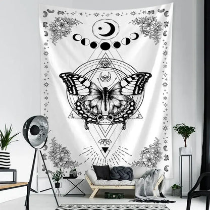Boho black and white geometric butterfly tapestry wall hanging featuring moon phases flowers and eye symbol decorbites geometric butterfly