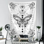 White boho geometric butterfly tapestry wall hanging with detailed black ink illustration and floral motifs for decorbites decorbites geometric butterfly