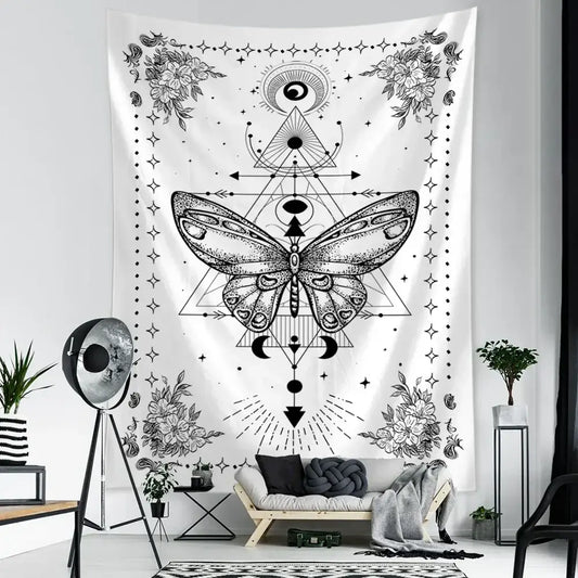 White boho geometric butterfly tapestry wall hanging with detailed black ink illustration and floral motifs for decorbites decorbites geometric butterfly