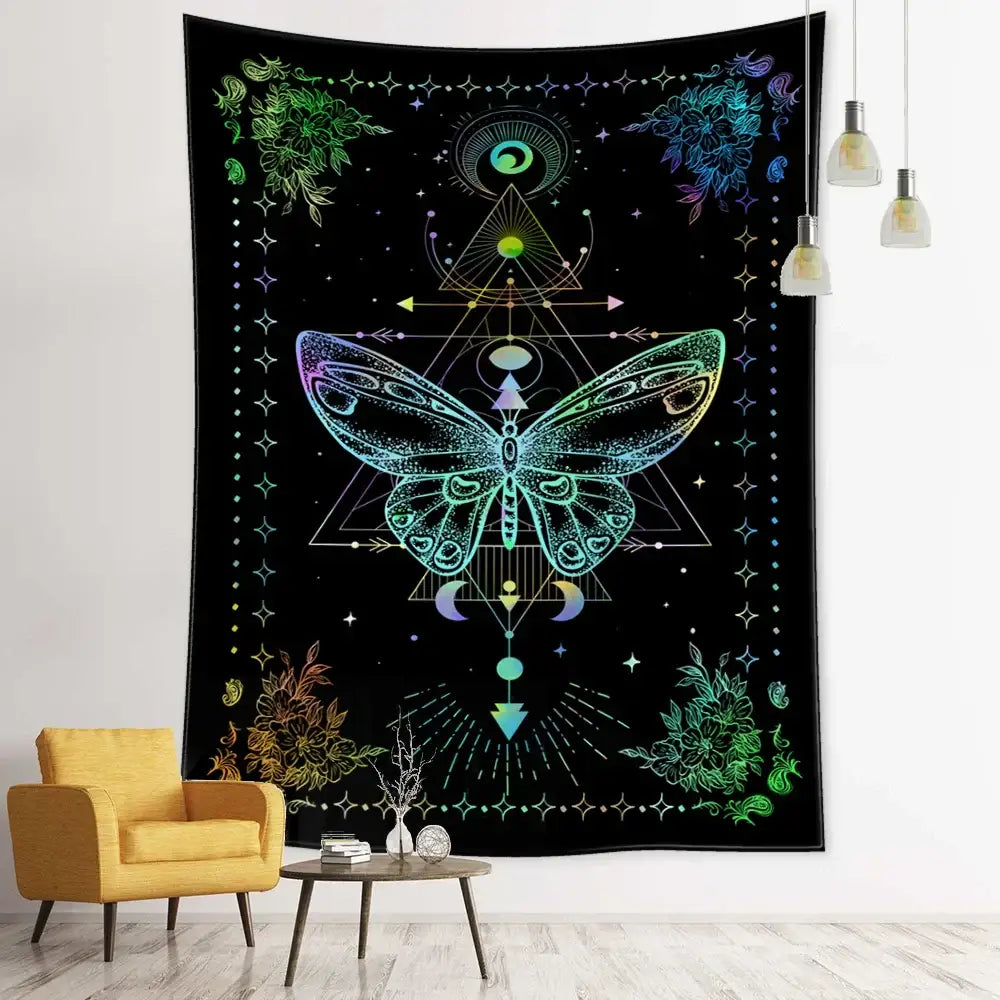 A boho black and white geometric butterfly tapestry with vibrant iridescent designs for butterfly tapestry wall decor