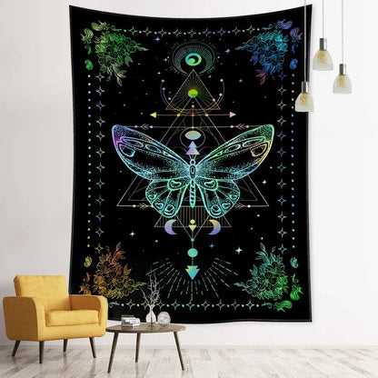 A boho black and white geometric butterfly tapestry with vibrant iridescent designs for butterfly tapestry wall decor