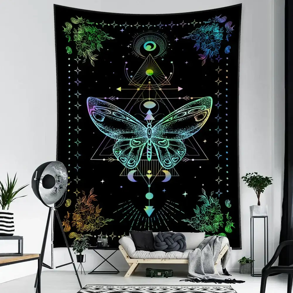 Boho black and white geometric butterfly tapestry wall hanging featuring vibrant iridescent decorbites geometric butterfly designs