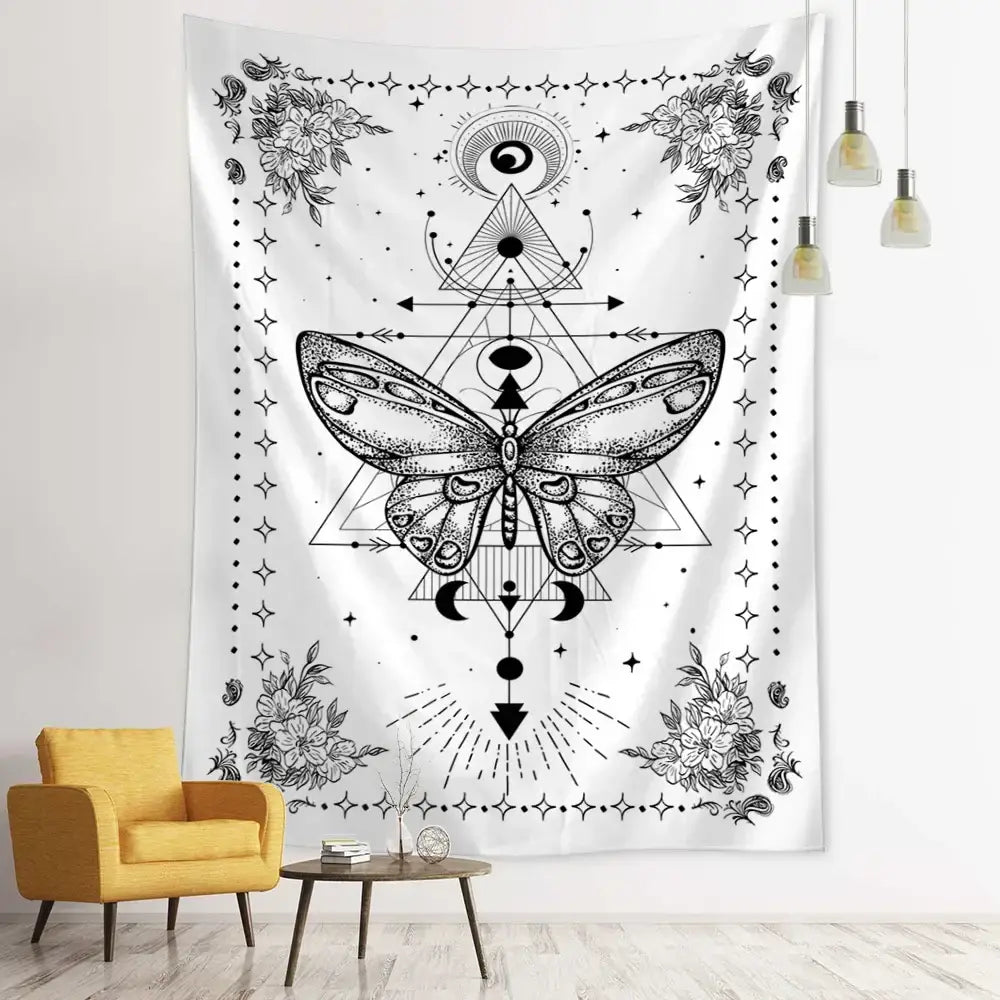 White wall hanging geometric butterfly tapestry featuring black ink butterfly and mystical floral decorbites design