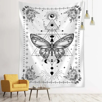 White wall hanging geometric butterfly tapestry featuring black ink butterfly and mystical floral decorbites design