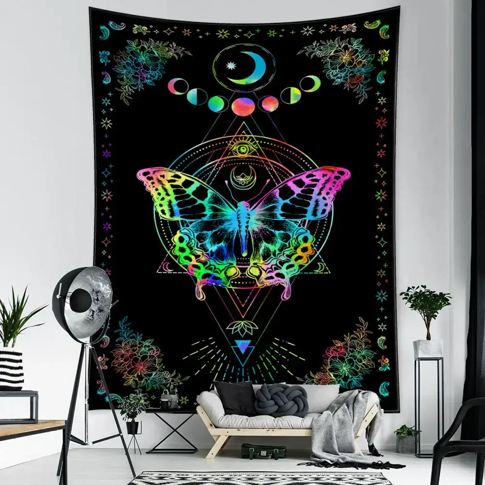Vibrant rainbow-colored geometric butterfly tapestry with mystical symbols on black background for butterfly tapestry wall decorbites geometric butterfly