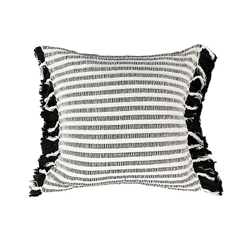 Boho black and white jacquard flower pillow case with black and white stripes and frayed edges decorbites boho jacquard decor