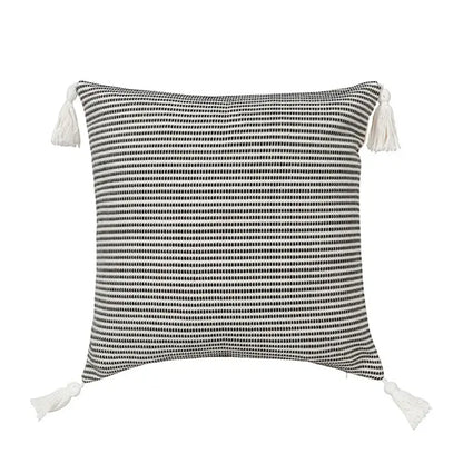 Boho black and white jacquard flower pillow case with woven texture and matching tassels for living room decor by decorbites