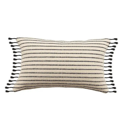 Rectangular boho jacquard flower pillow case with black and cream stripes and black tassels for living room decorbites decor