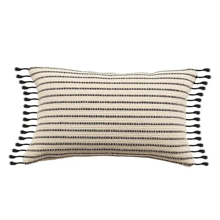 Rectangular boho jacquard flower pillow case with black and cream stripes and black tassels for living room decorbites decor
