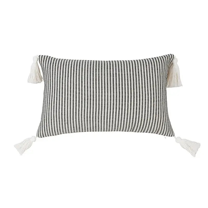 Boho black and white jacquard flower pillow case with black and white stripes and off-white tassels for living room decor