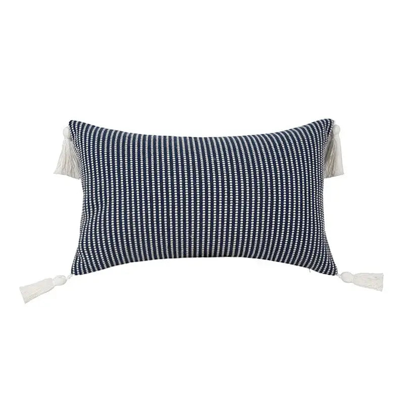 Navy blue and white striped pillow case with cream tassels featuring jacquard flower design decorbites boho jacquard decor