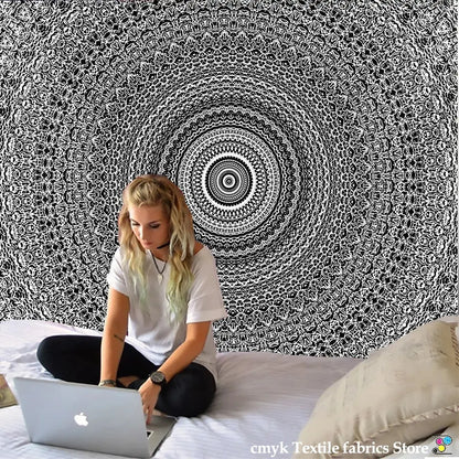 Boho black and white mandala tapestry wall hanging with intricate concentric circular patterns decorbites indian mandala decor