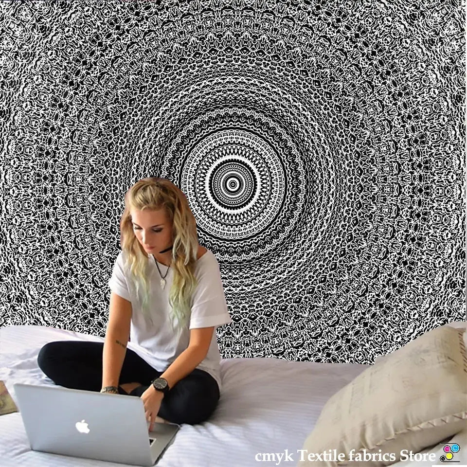 Boho black and white mandala tapestry wall hanging with intricate concentric circular patterns decorbites indian mandala decor