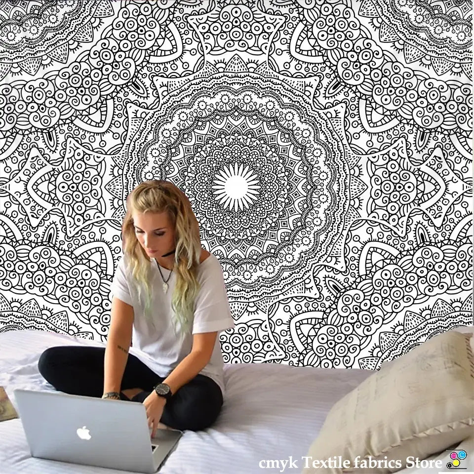 Black and white intricate mandala tapestry wall hanging by decorbites indian mandala perfect for boho bedroom decor