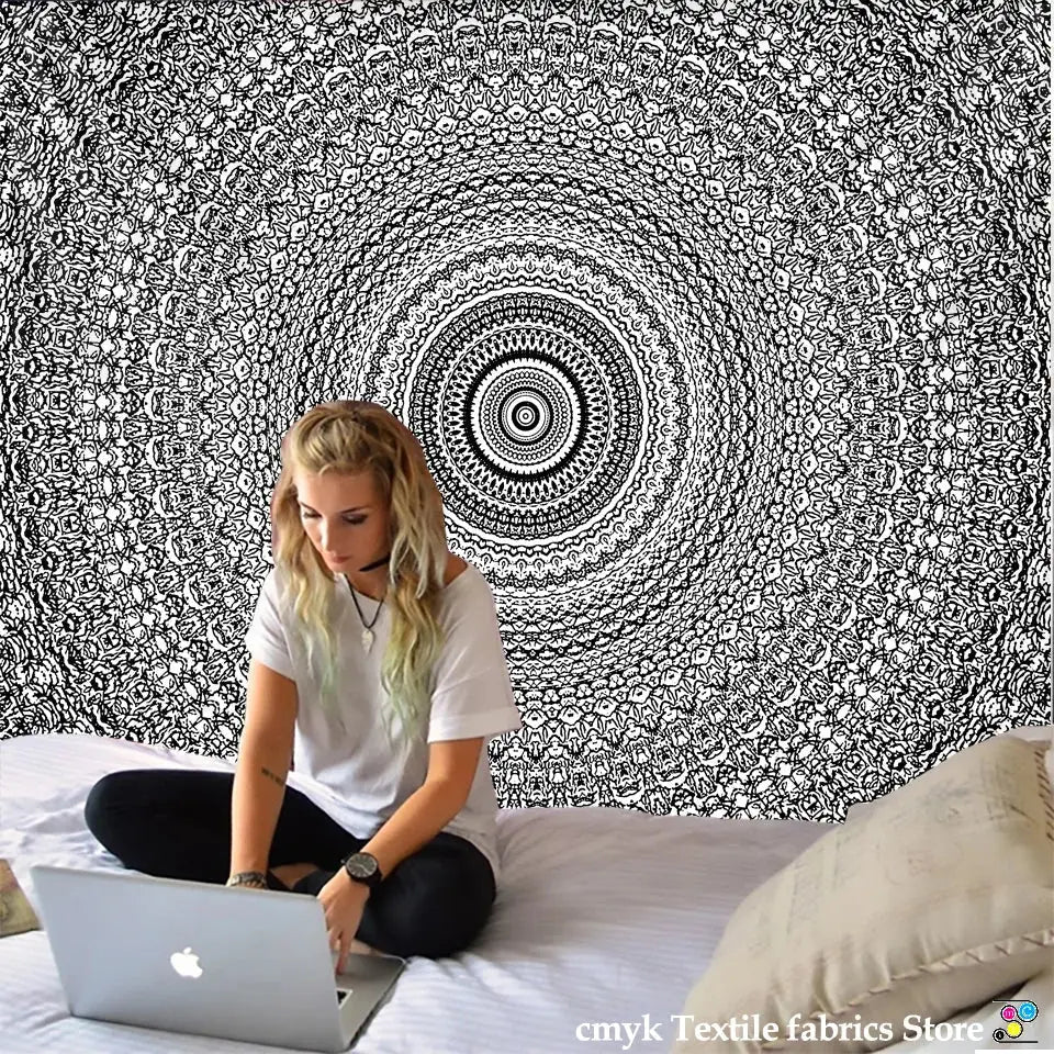 Boho black and white mandala tapestry wall hanging featuring intricate indian mandala design for bedroom decorbites decor