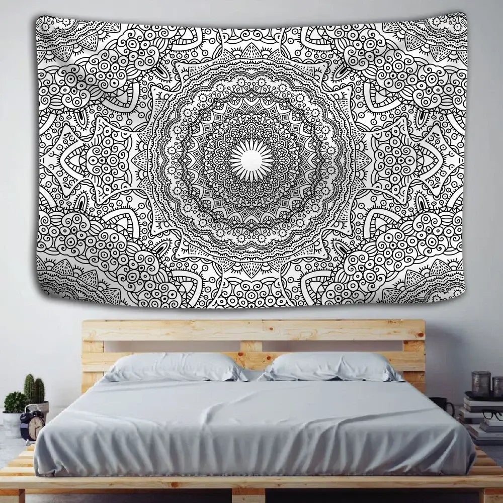 Boho black and white mandala tapestry wall hanging with intricate design above wooden bed decorbites indian mandala decor