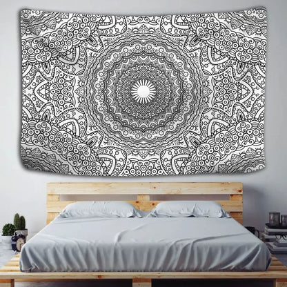 Boho black and white mandala tapestry wall hanging with intricate design above wooden bed decorbites indian mandala decor