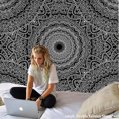 Boho black and white mandala tapestry wall hanging with intricate swirling patterns for bedroom decorbites indian mandala decor