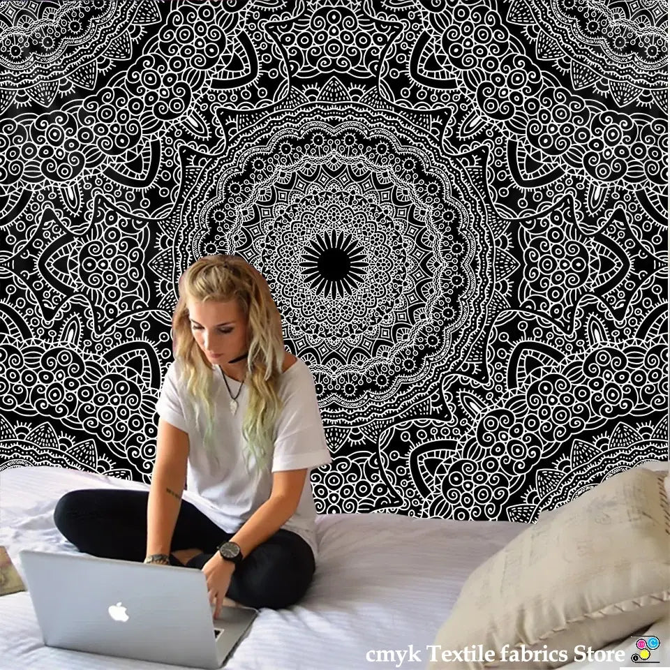Boho black and white mandala tapestry wall hanging with intricate swirling patterns for bedroom decorbites indian mandala decor