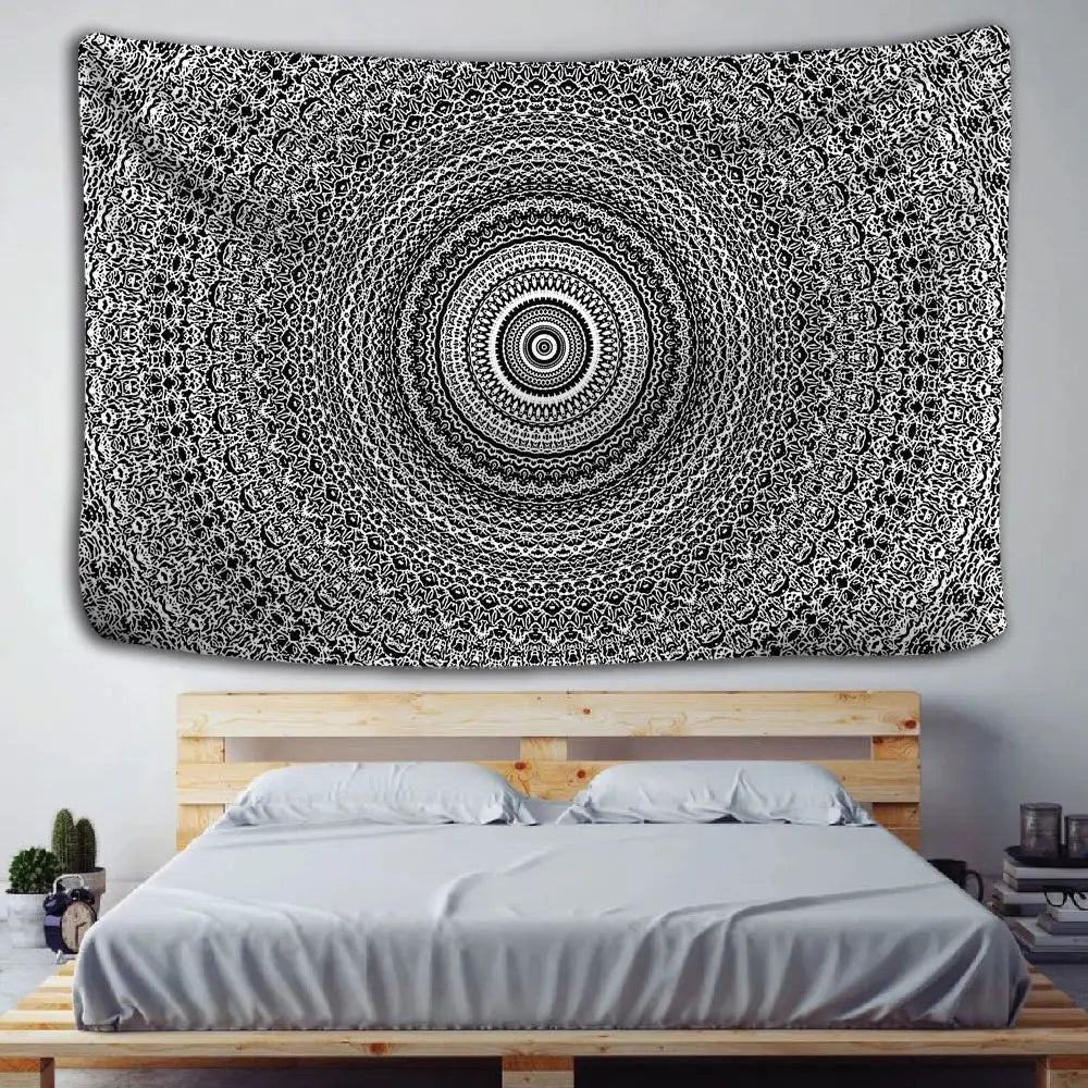 Boho black and white mandala tapestry wall hanging above wooden bed frame decorbites Indian mandala decor