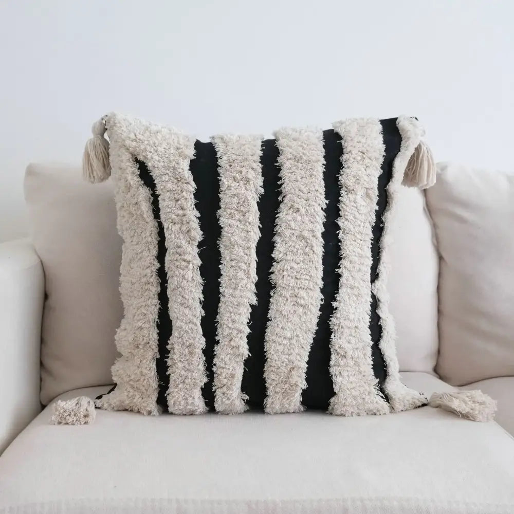 Boho black and cream tufted tassel cushion cover with vertical stripes for living room tassel cushion cover