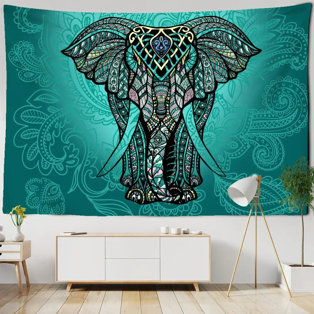 Teal and black intricately patterned decorbites elephant mandala tapestry with paisley designs for boho bedroom decor