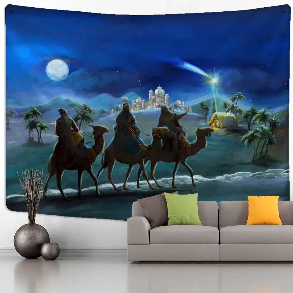 Boho blue camel starlight oil painting tapestry depicting three wise men on camels under a starry night sky wall hanging