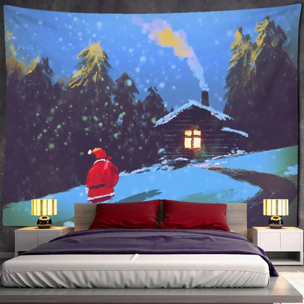 A boho blue camel starlight oil painting tapestry featuring santa by a glowing cabin in a snowy evergreen winter scene