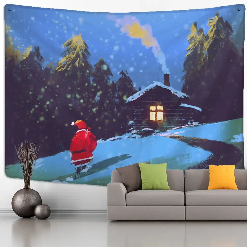 Boho blue camel starlight oil painting tapestry featuring santa and cabin in snowy forest winter decorbites camel starlight