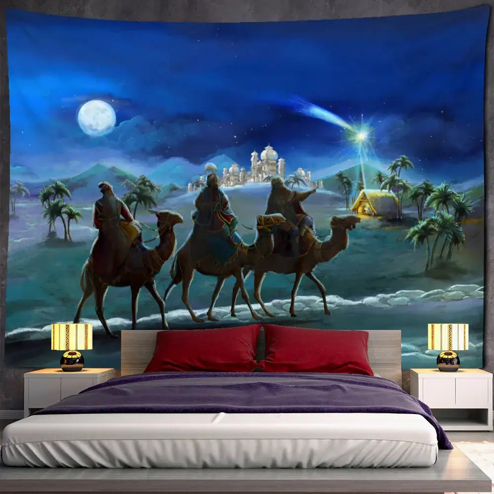 Boho blue camel starlight oil painting tapestry featuring three wise men under a full moon for bedroom decor