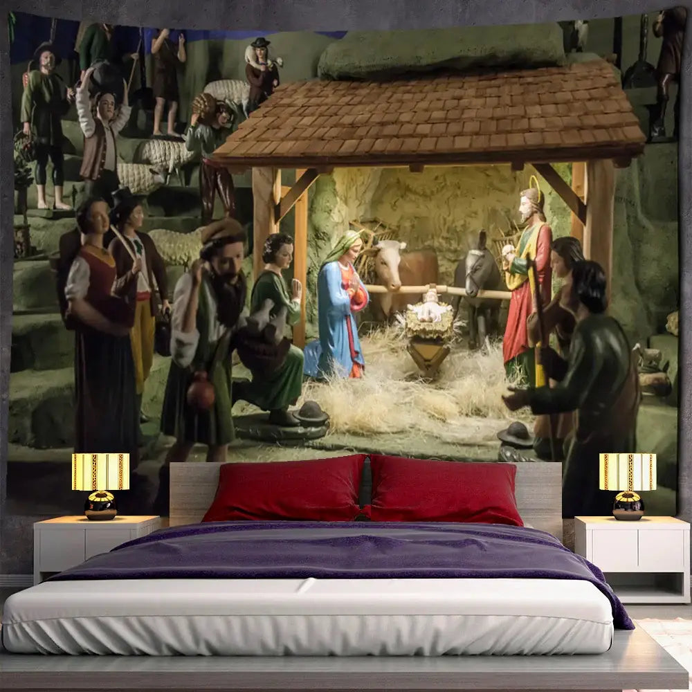 Boho blue camel starlight oil painting tapestry with a bed featuring white mattress, red pillows, and purple blanket decorbites camel starlight