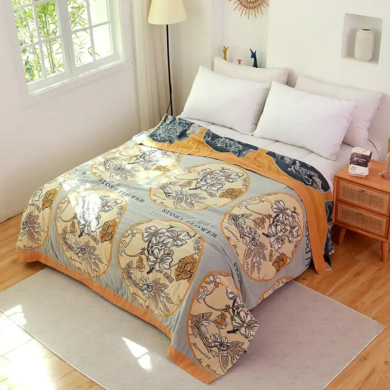 Soft light blue and cream decorbites boho cotton cover blanket with floral patterns for sofa chair or bedroom use