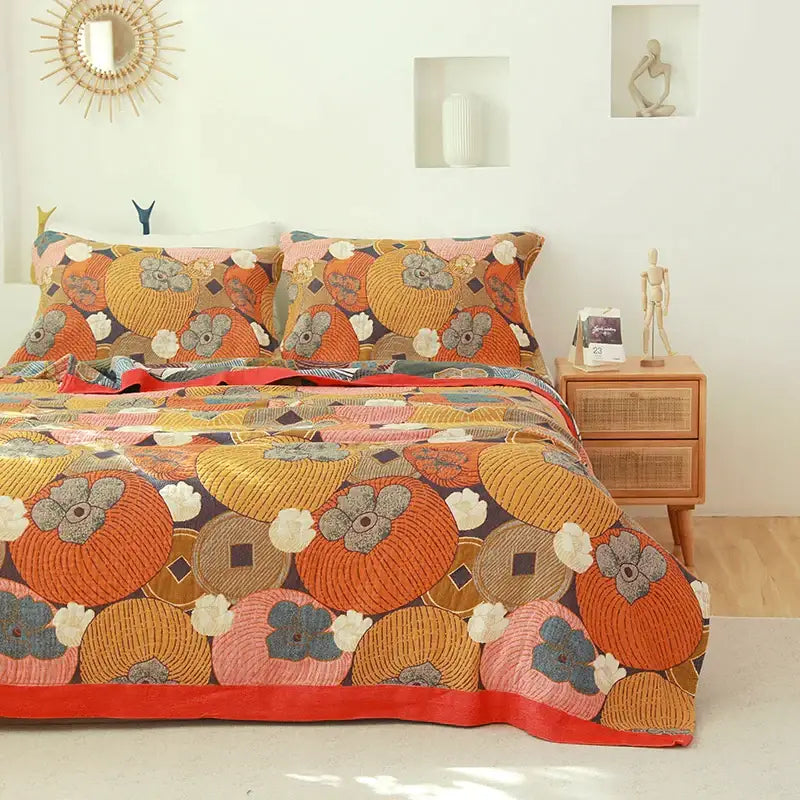 Vibrant orange and pink quilted cover blanket with embroidered floral patterns for sofa chair decorbites boho cotton use