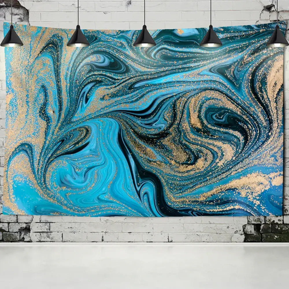 Boho blue gouache line marbled tapestry wall hanging with vibrant blue and gold swirling patterns and glittery accents