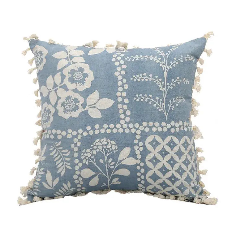 Boho blue and white tassel cushion cover featuring cream floral and geometric patterns for living room decorbites blue tassel decor