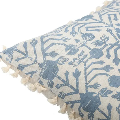 Boho blue and cream patterned cushion cover with tassels along edge for living room decorbites blue tassel cushion