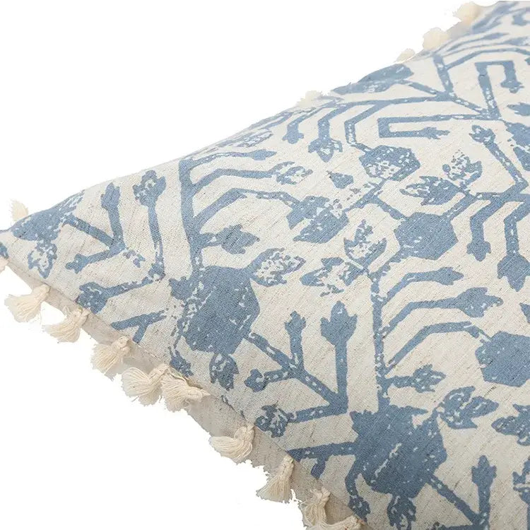 Boho blue and cream patterned cushion cover with tassels along edge for living room decorbites blue tassel cushion