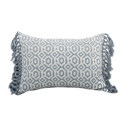 Boho blue and white tassel cushion cover with gray and white geometric pattern and fringed tassels for living room decorbites blue tassel