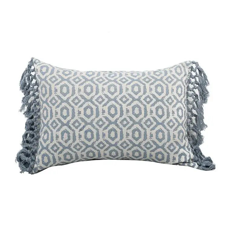 Boho blue and white tassel cushion cover with gray and white geometric pattern and fringed tassels for living room decorbites blue tassel