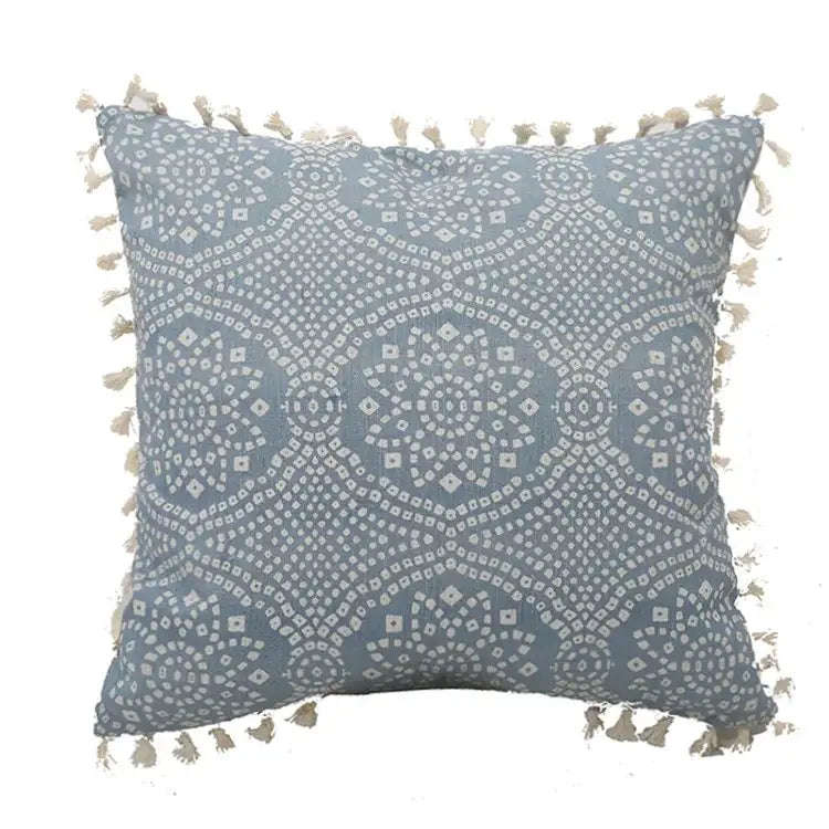 Boho blue and white tassel cushion cover with geometric pattern and cream tassels for living room decorbites blue tassel