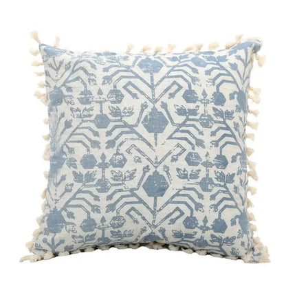 Boho blue and white patterned cushion cover with cream tassels as decorbites blue tassel cushion for living room decor