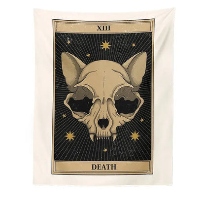 Boho cat divination tapestry wall hanging featuring a beige cat skull design with gold stars on black background framed tan borders