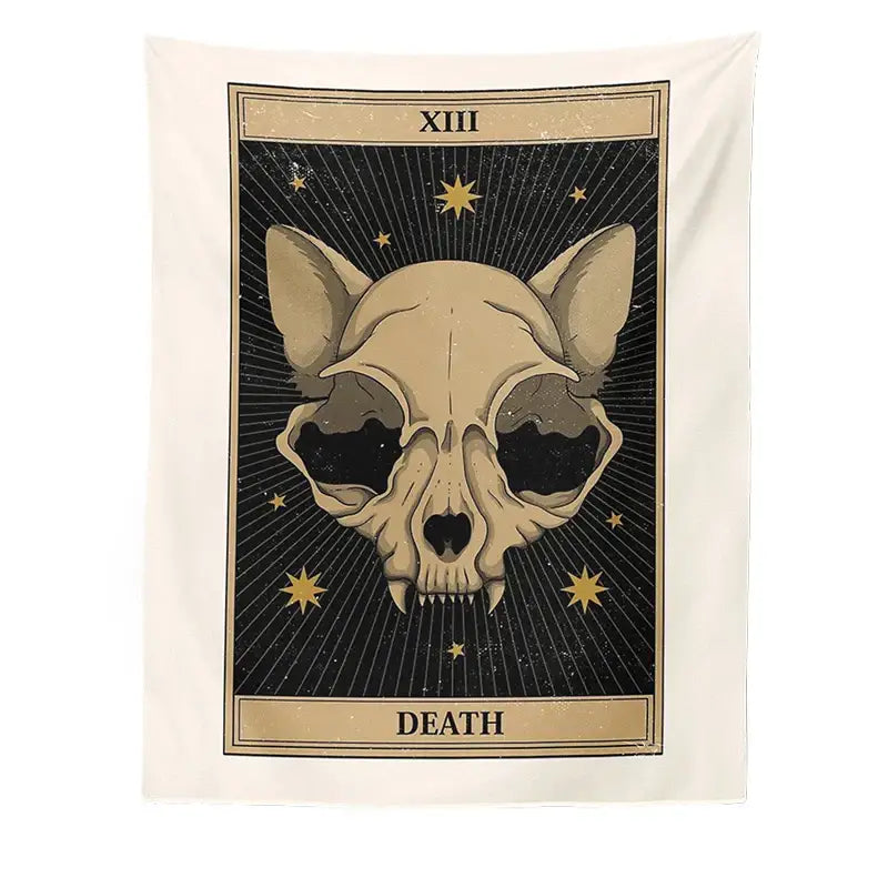 Boho cat divination tapestry wall hanging featuring a beige cat skull design with gold stars on black background framed tan borders
