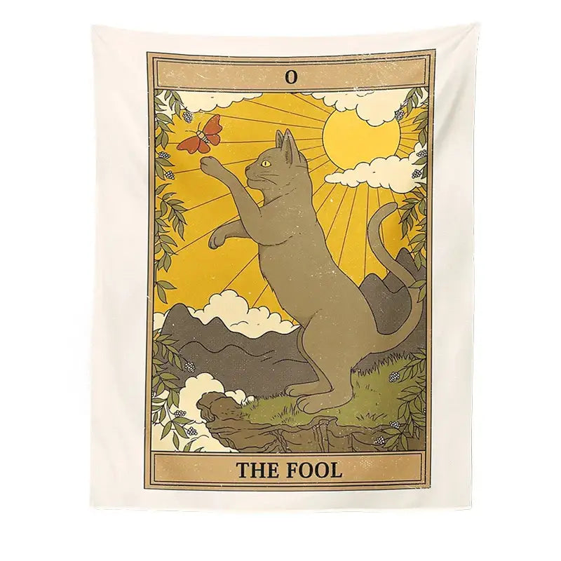 Beige boho cat divination tapestry featuring a stylized fool tarot card with a gray cat and red butterfly wall hanging