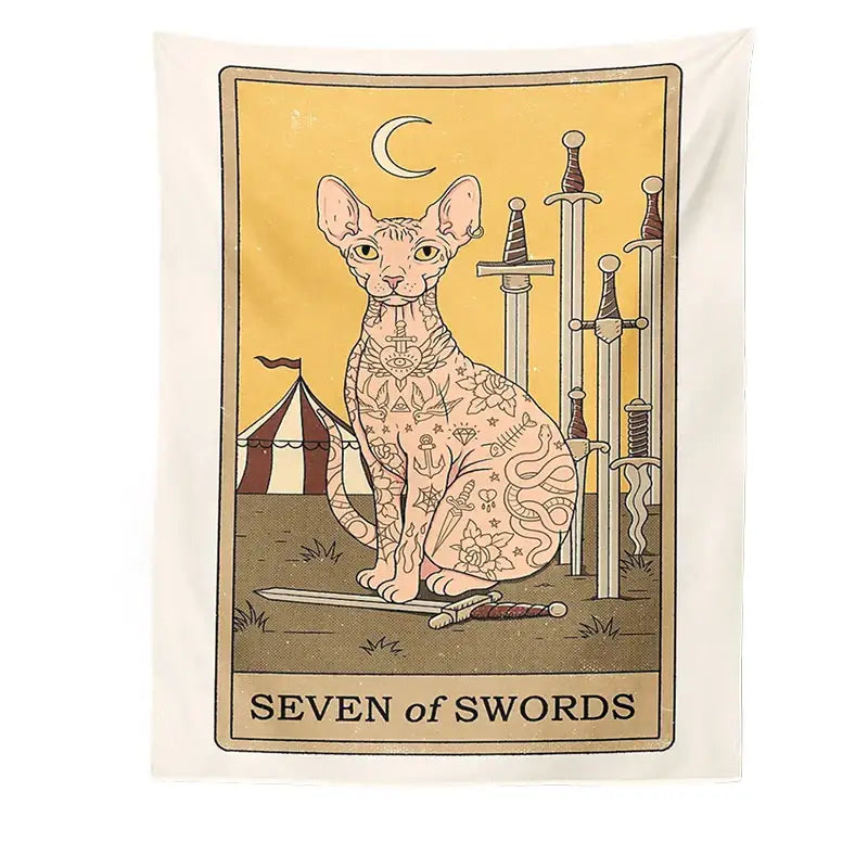 Beige boho cat divination tapestry featuring a stylized hairless cat with tattoos and seven swords under a crescent moon