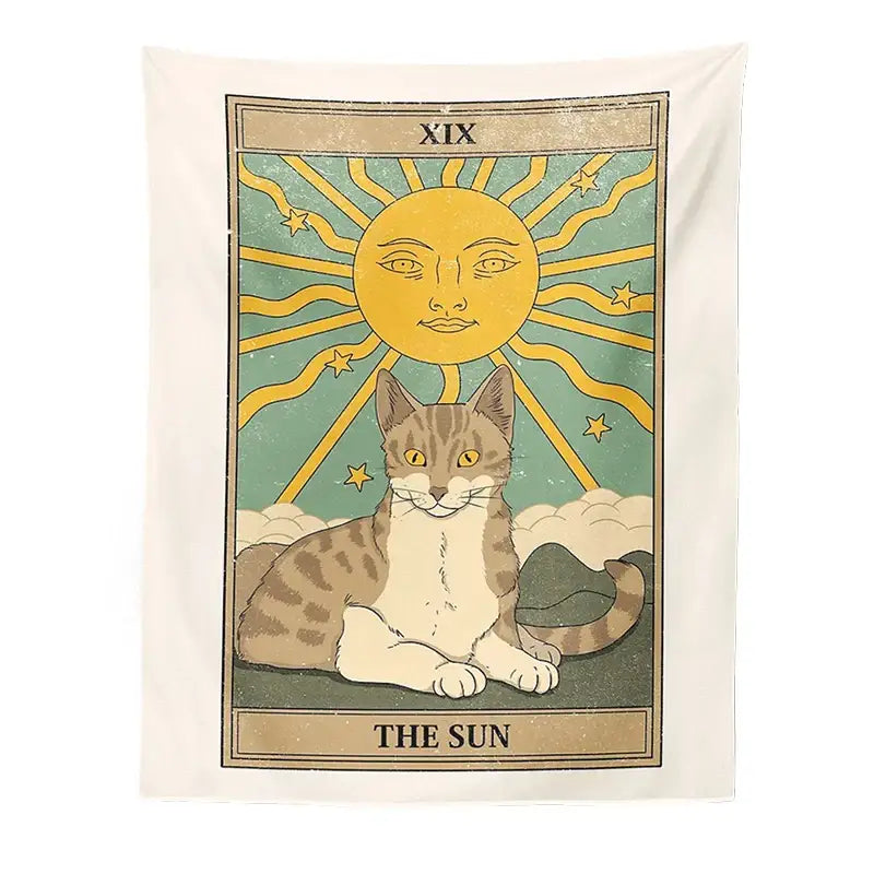 Beige boho cat divination tapestry wall hanging featuring a vintage-style sun tarot card with a tabby cat illustration