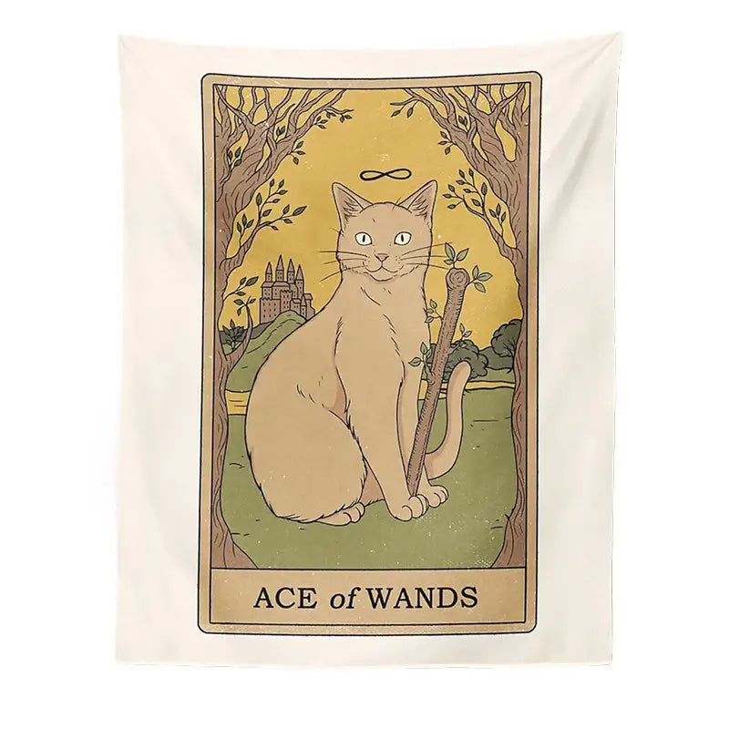 Beige boho cat divination tapestry with illustrated ace of wands tarot card featuring sitting feline for bedroom wall decor