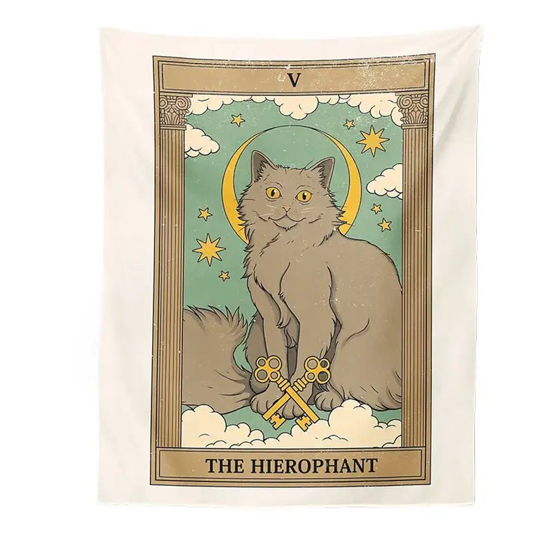 Beige tapestry featuring a fluffy gray cat with yellow eyes in a boho cat divination tarot card decorbites wall hanging