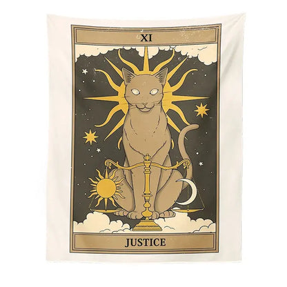 Beige cat with golden sun rays and celestial design on justice scales in cat divination tarot tapestry wall decor